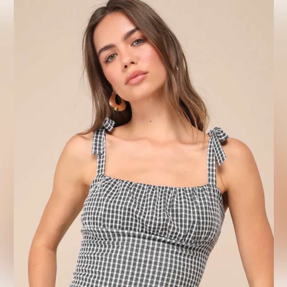 Smocked Black and White Gingham Tie Strap Top XL
